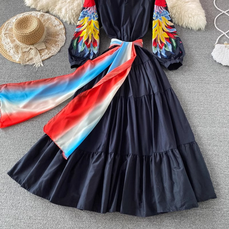 embroidery V-neck dress elegant long skirt S4171