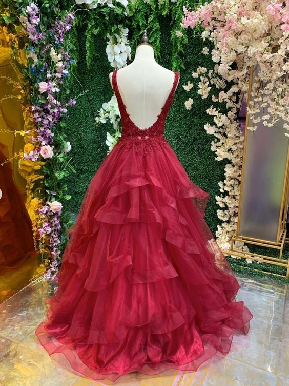 burgundy v neck tulle lace long prom dress, burgundy evening dress S3344