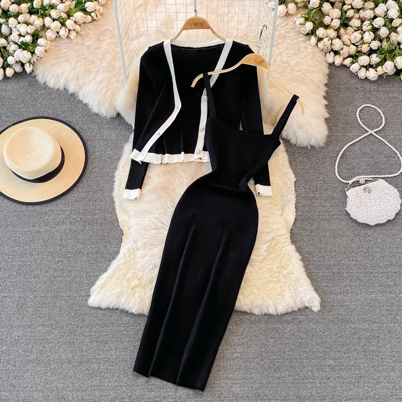 Fashionable v-neck long-sleeved knitted top cardigan two-piece suit mid-length dress S4238