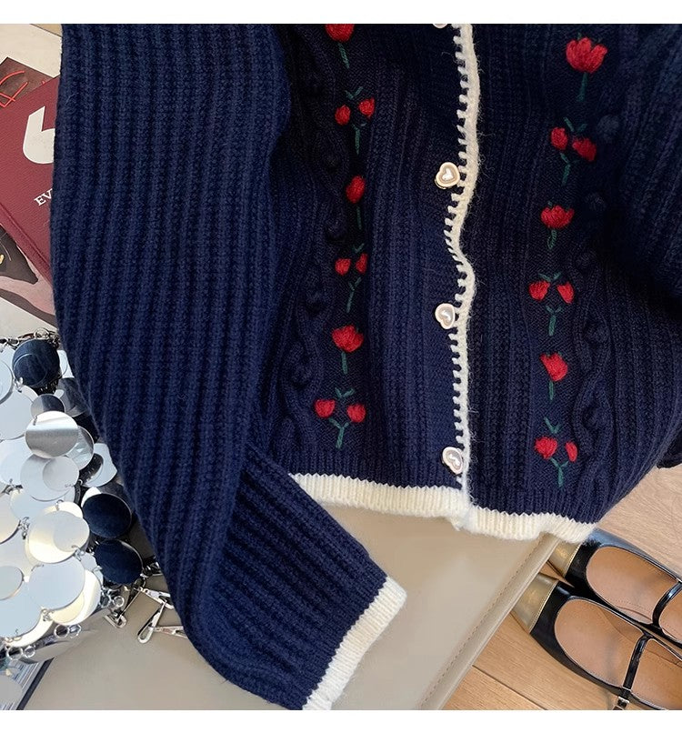 embroidered round neck knitted cardigan for women long-sleeved sweater jacket S4828