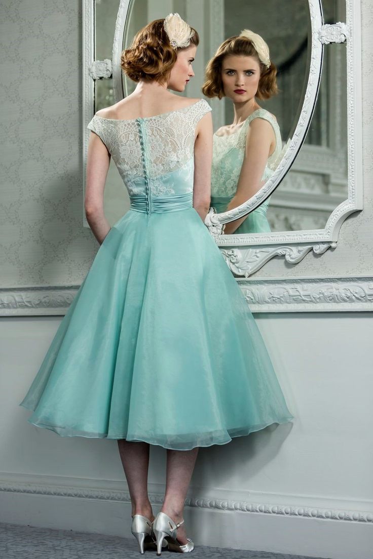 Retro Vintage Style Lace Organza Tea Length Wedding Prom Formal Dress S2652