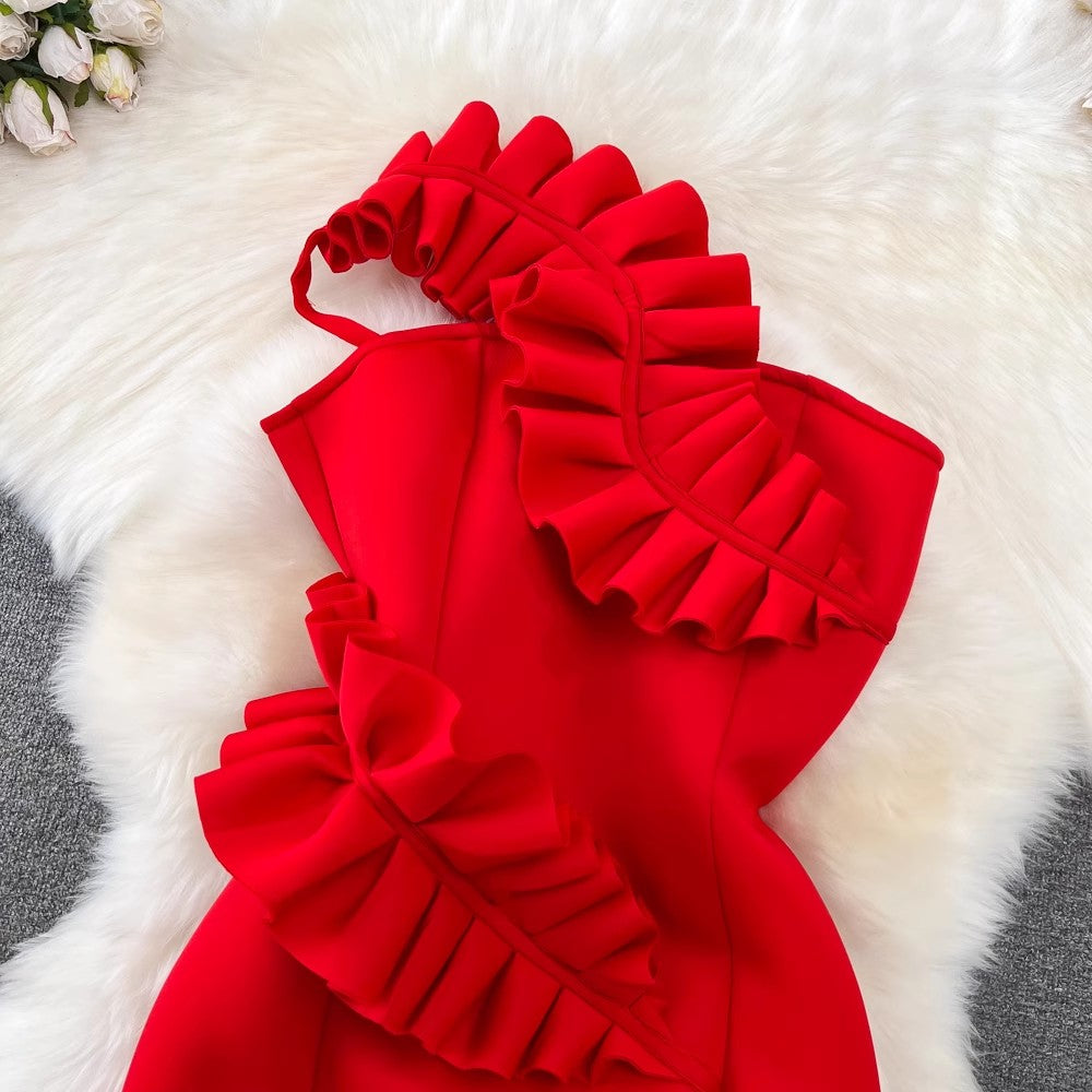 Fashionable ruffled tube top halter neck mid-length dress S4177