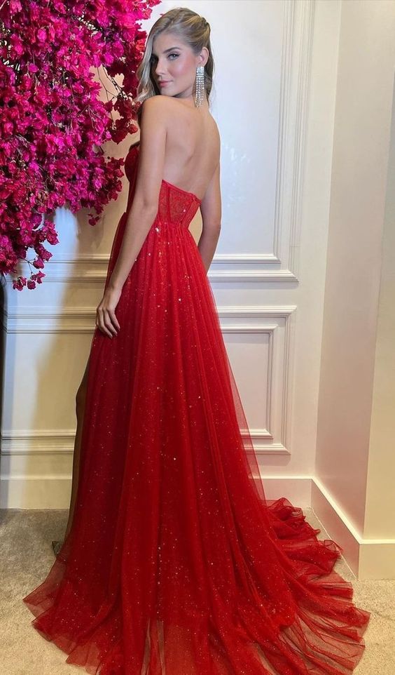 Charming Red Tulle Long Evening Dress Sweetheart Sleeveless Formal Prom Dress S3792