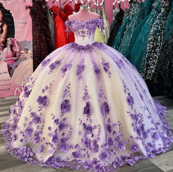 Off Shoulder Ball Gown Lilac Sweet 16 Dress 3D Flowers Corset Quinceanera Dresses S4054