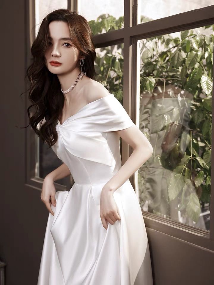 Satin little party dress, white dress, light luxury daily dress,homecoming dress S3277