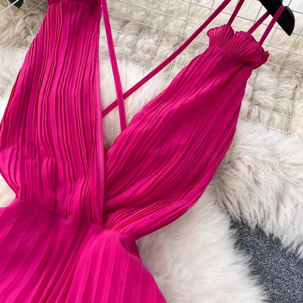 Sexy dress for women pleated deep v-neck backless design suspender long skirt S4590