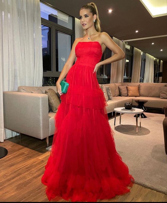 Charming Red Tulle Long Evening Dress Sleeveless Formal Prom Dress S3798