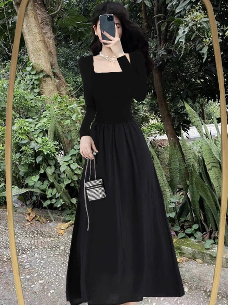 black dress for women 2023 autumn long-sleeved Dress S3884