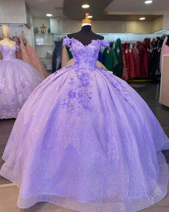 Purple Quinceanera Dresses Applique Flower Corset Graduation Gown S3706