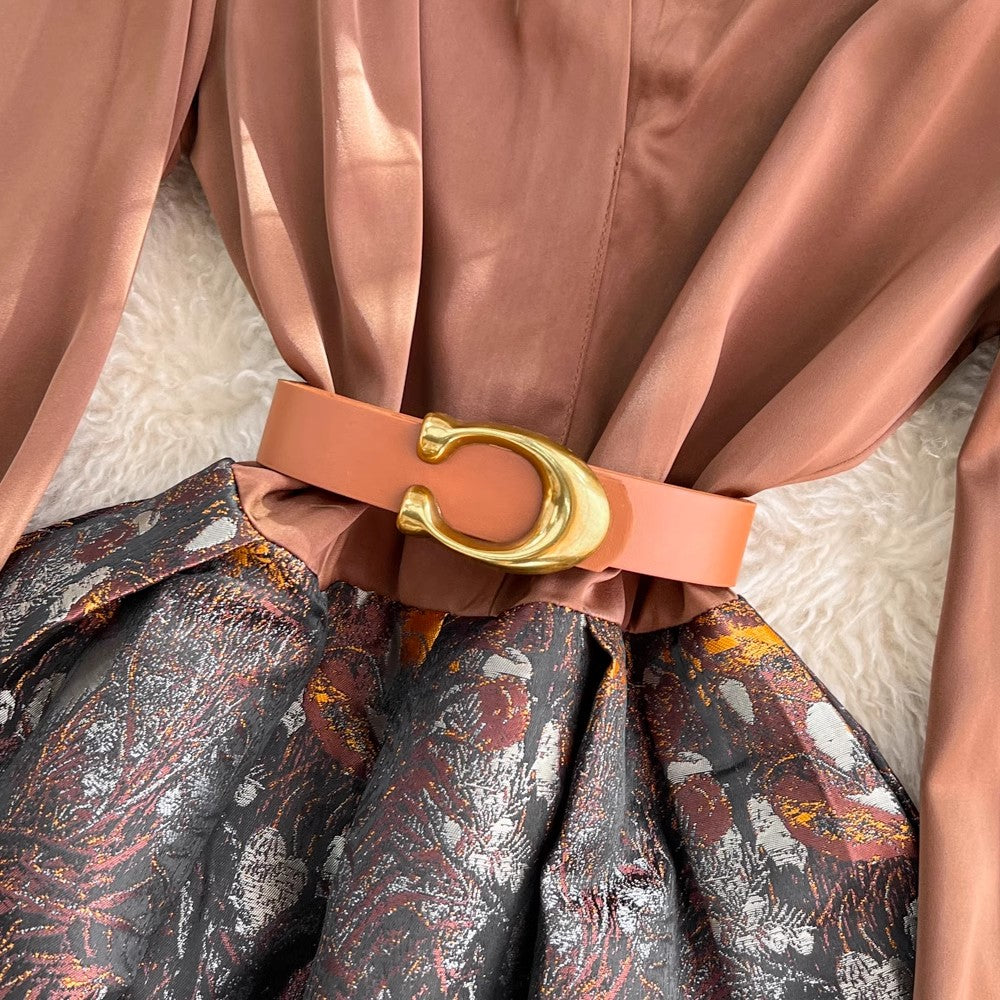 Fashionable long-sleeved V-neck A-line printed dress S4215