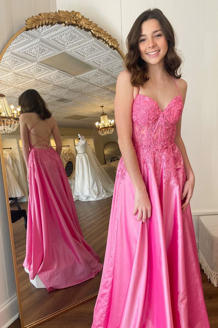 Princess Pink A-line Long Formal Dress with Straps S3623