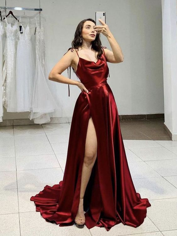 Simple burgundy satin long prom dress, burgundy evening dress S3290