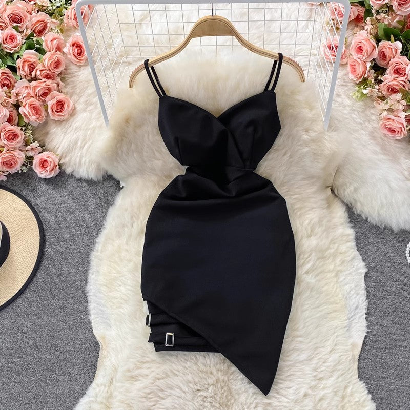 Backless V-neck new sleeveless irregular dress S4321