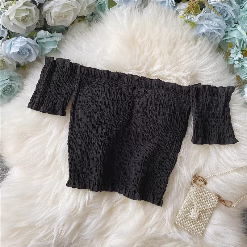 Sexy chiffon shirt short-sleeved shirt sexy off-shoulder short top for women S4219