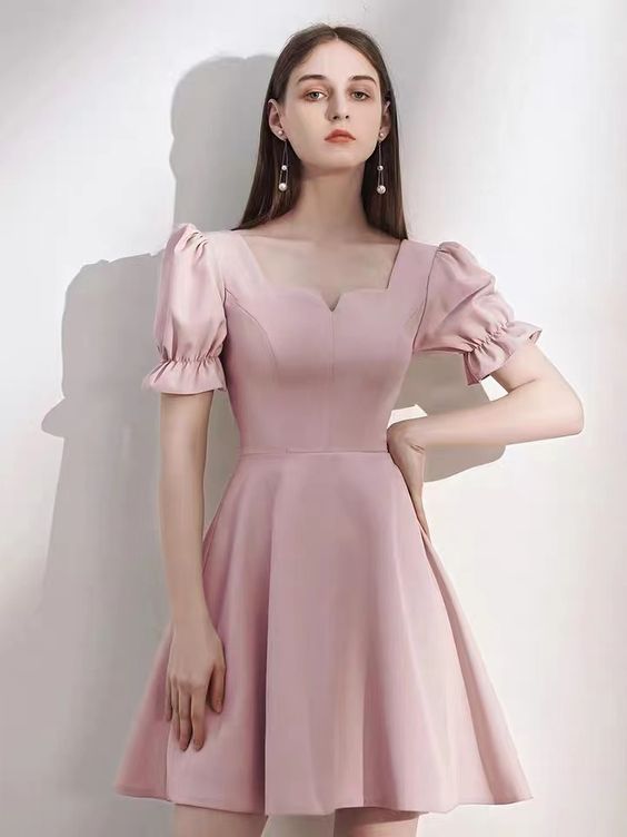 Short Sleeve Party Dress, Pink Bridesmaid Dress, Hepburn Style Homecoming Dress S3276