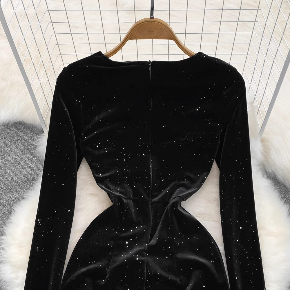 square neck velvet dress sexy high slit sparkling dress long skirt S4139