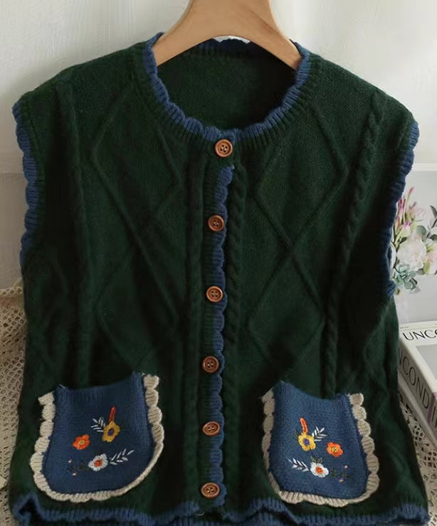 Vintage, Patchwork, Plaid, Loose Waistcoat, Embroidered Round Neck Single Breasted Cardigan Waistcoat S4360