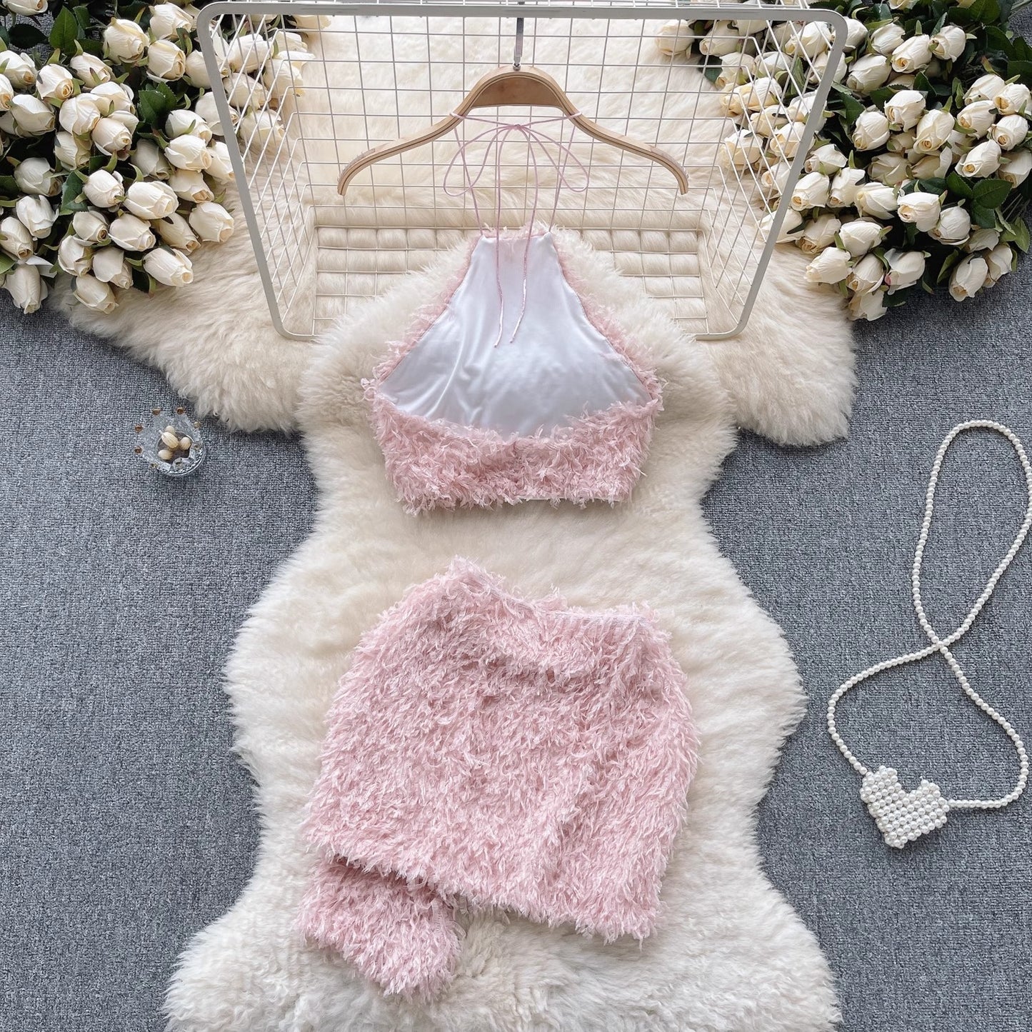 Hot Girl Style Fashion Suit Women's Halter Neck Feather Skirt S4602