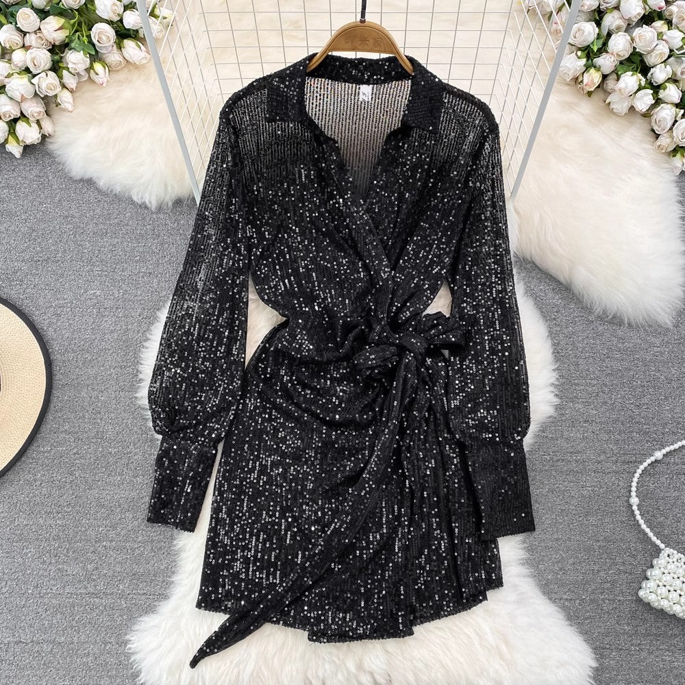 fashionable long-sleeved sequined V-neck A-line dress S3960