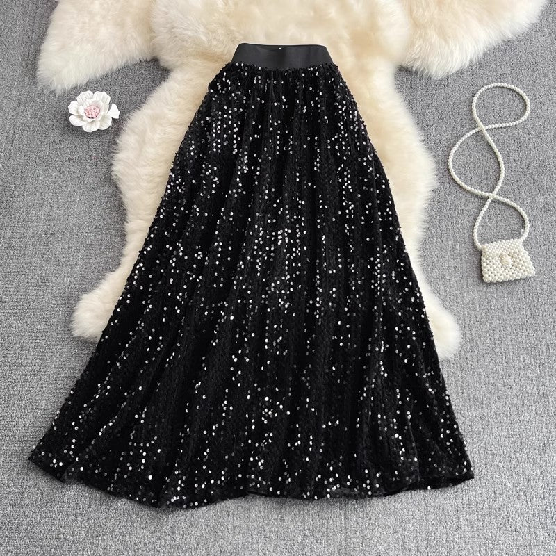 mid-length A-line skirt fashionable sparkling sequins skirt     S4122