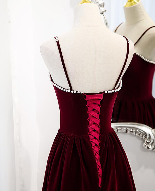 Lovely Wine Red Velvet Short Simple Wedding Party Dress, Dark Red Homecoming Dresses S2884