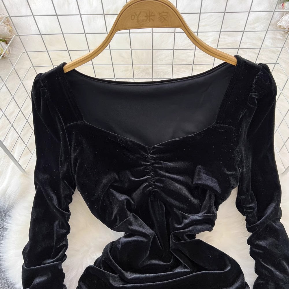 sexy long-sleeved V-neck pleated velvet dress S4348