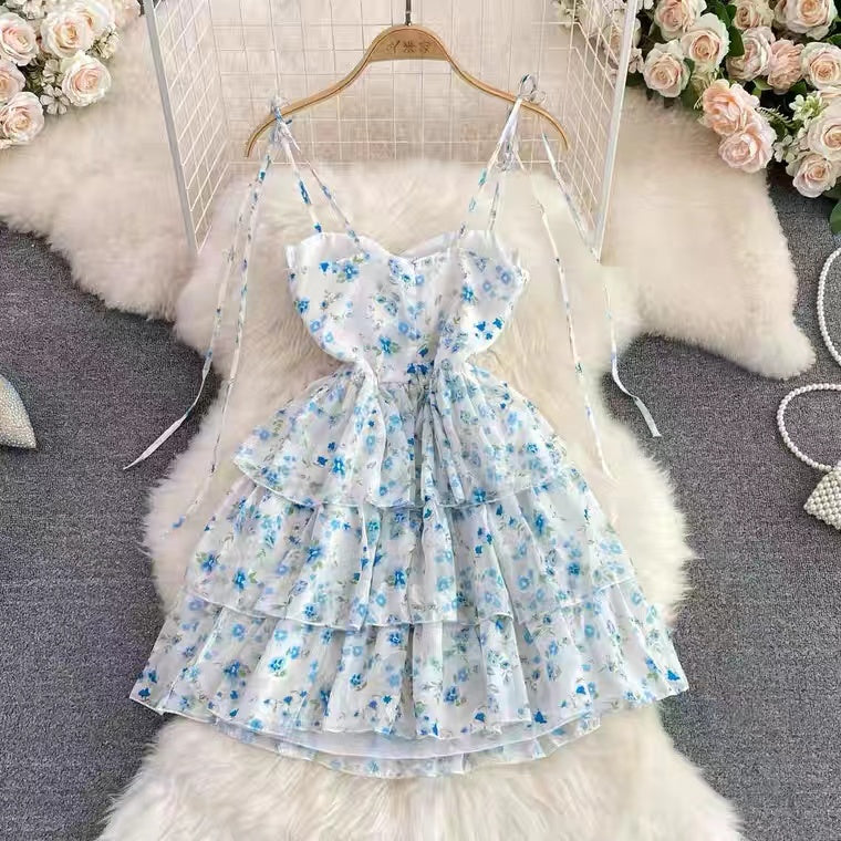 Blue Spaghetti Strap Dress, Sleeveless Backless A-line Floral Dress, Chiffon Cake Dress S4442