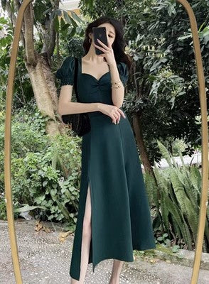 red dress for women new style puff sleeve slit long skirt S3465