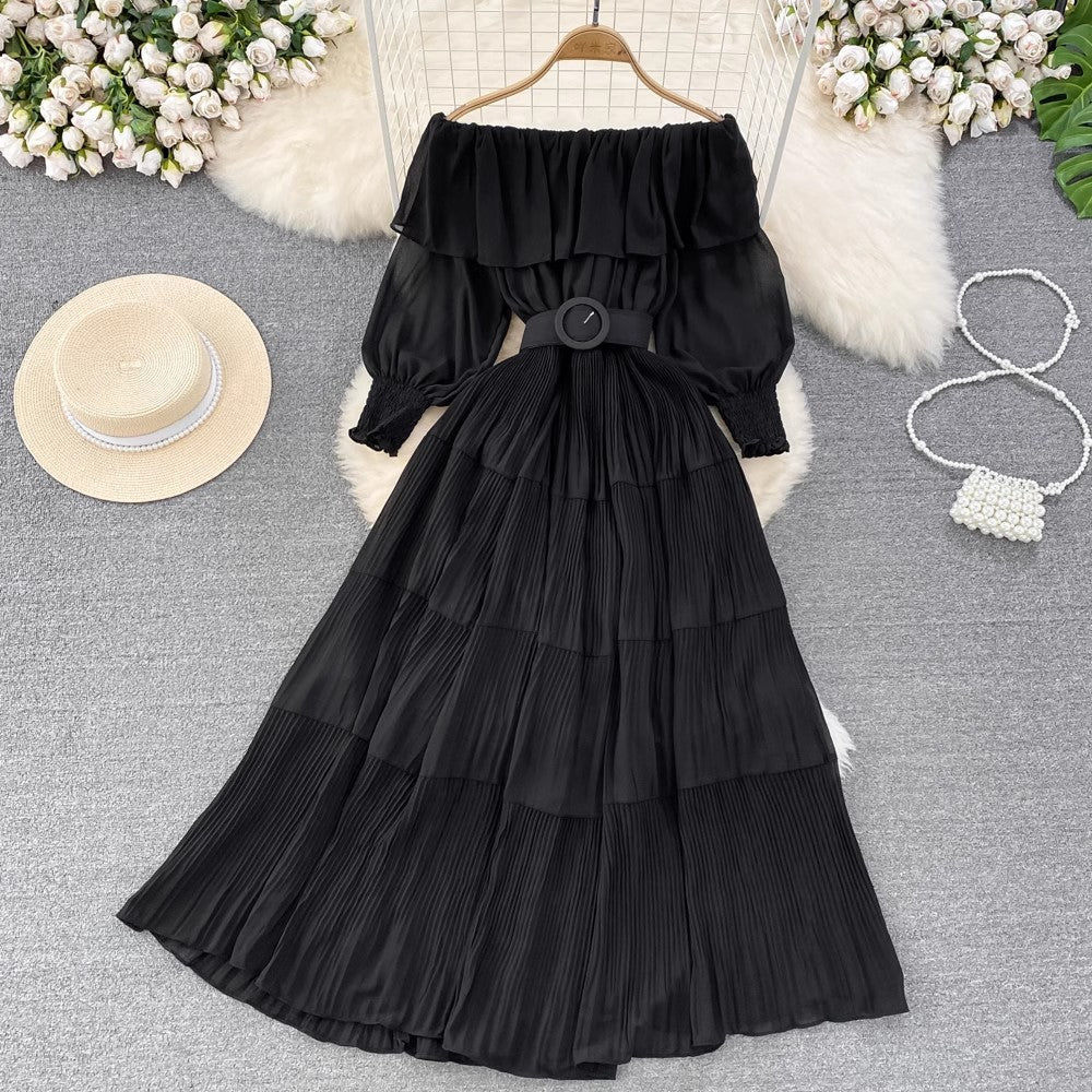 off-shoulder ruffled A-line pleated dress elegant long skirt S4426