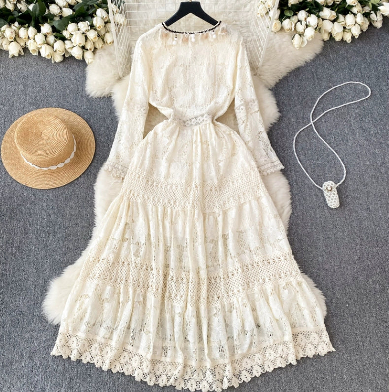 High-grade Party Dress, Hook Flower V-neck Dress ,fringe Fairy Dress, Long-sleeved Dress, Lace Dress S4476