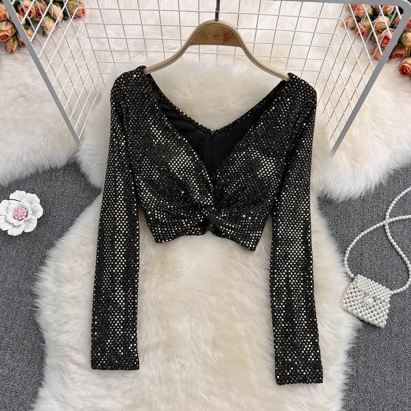 sequin V-neck pleated sexy shirt for women, fashionable short top S4106