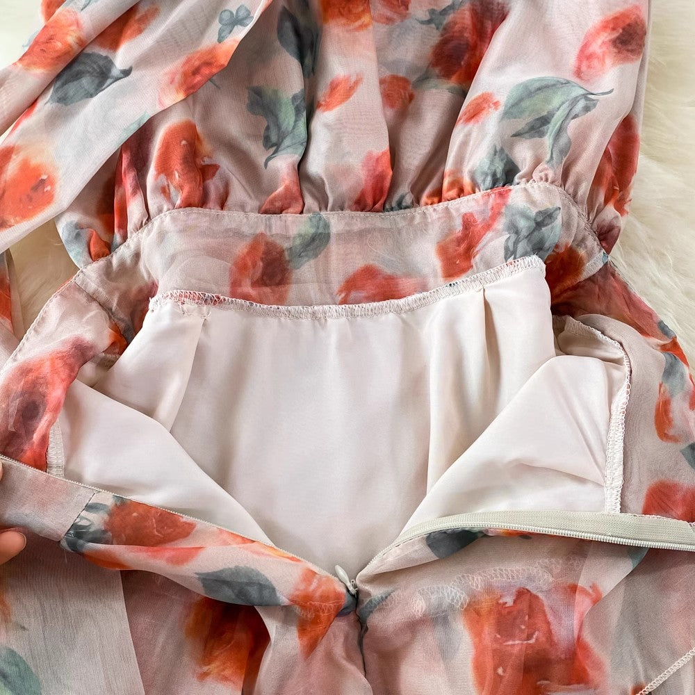 Floral Long Skirt Sweet Sleeveless A-Line Chiffon Dress S4323