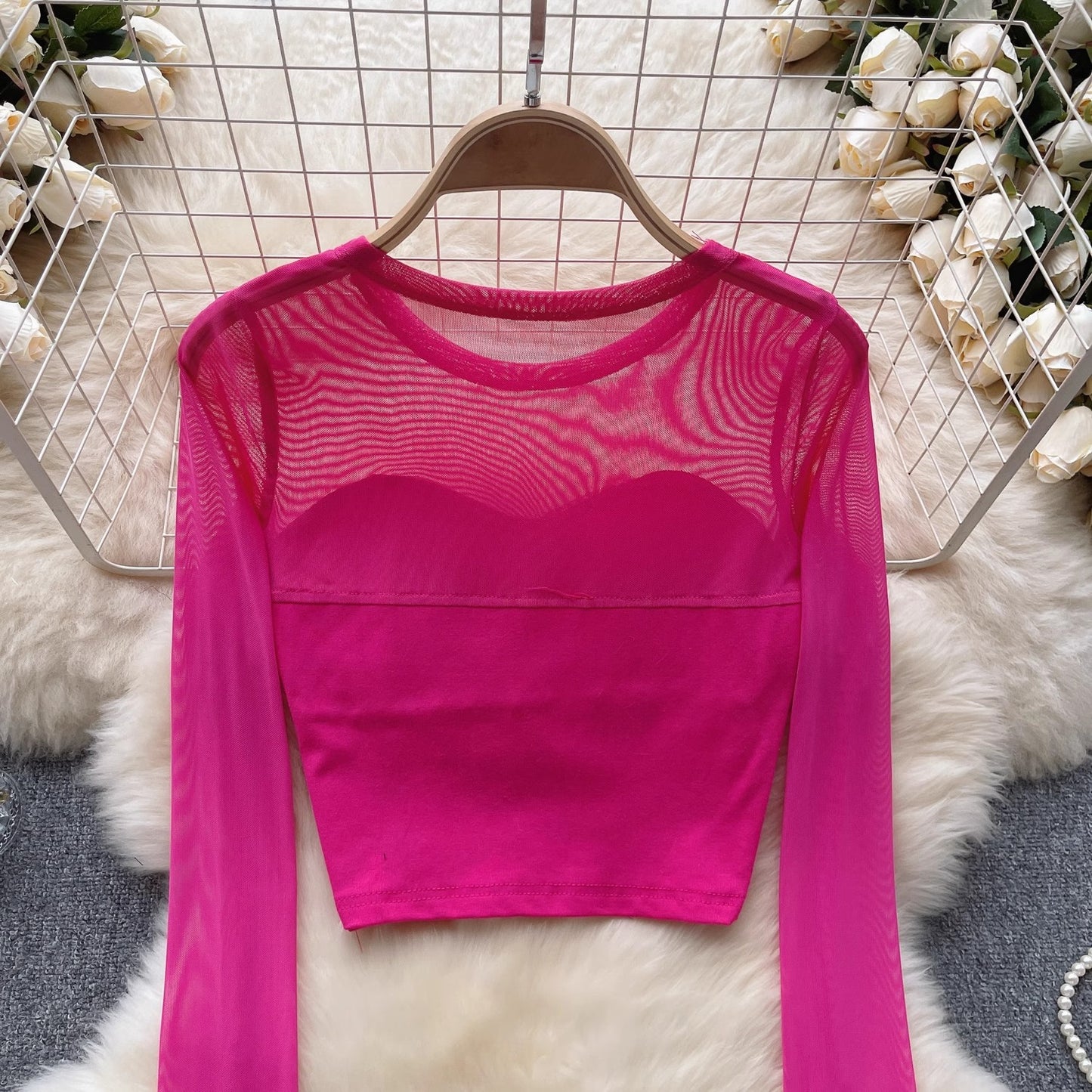 long-sleeved T-shirt for women mesh short design top trendy S4535