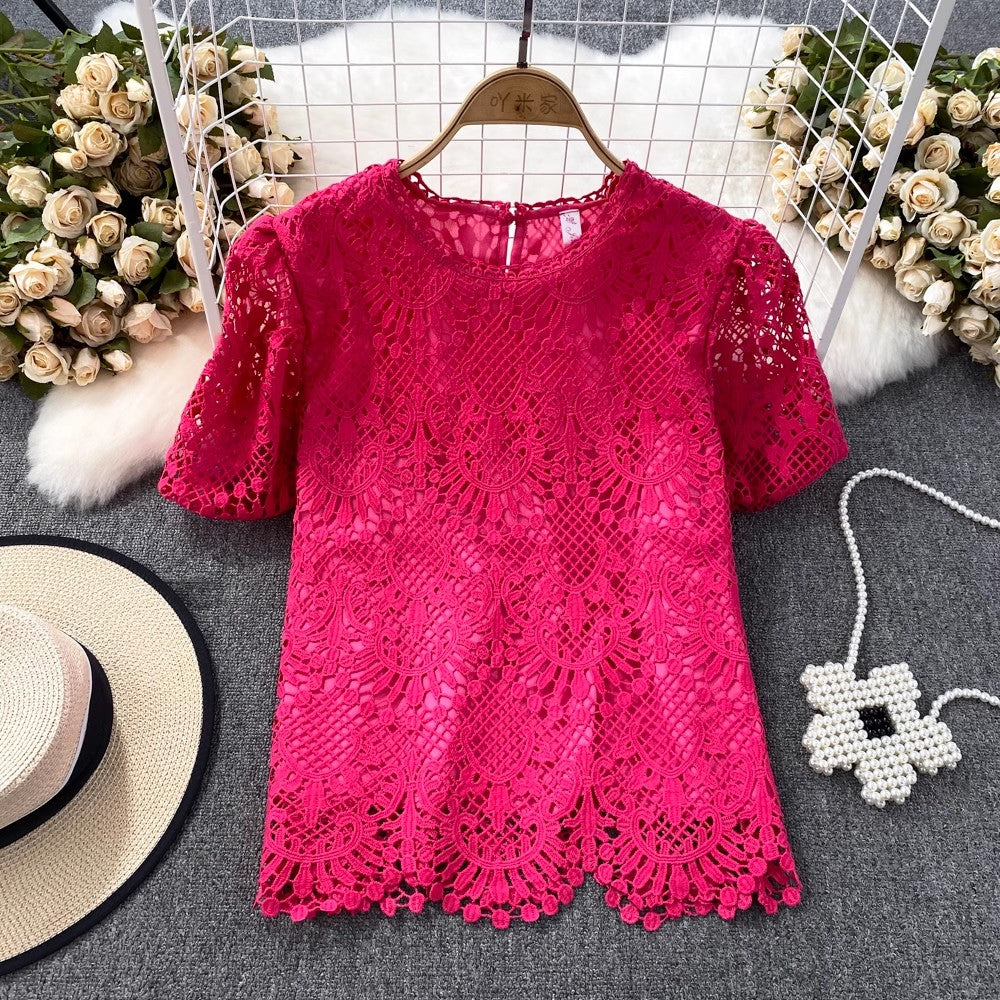 Bubble Short-Sleeved Round Neck Women’s Lace Top S3991