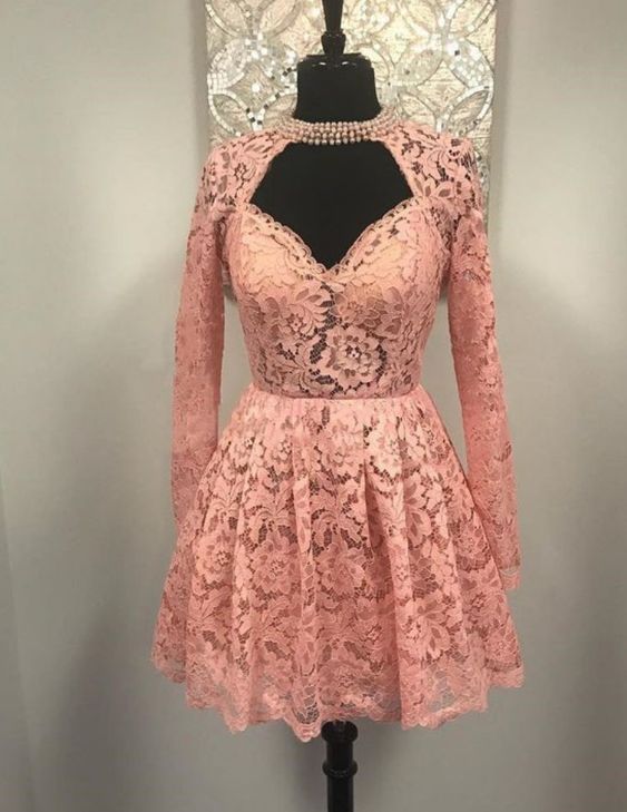 Sweetheart Long Sleeves Lace Short Homecoming Dress S3156