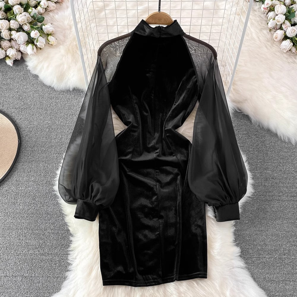 sexy ruffled lantern sleeve velvet dress S4275