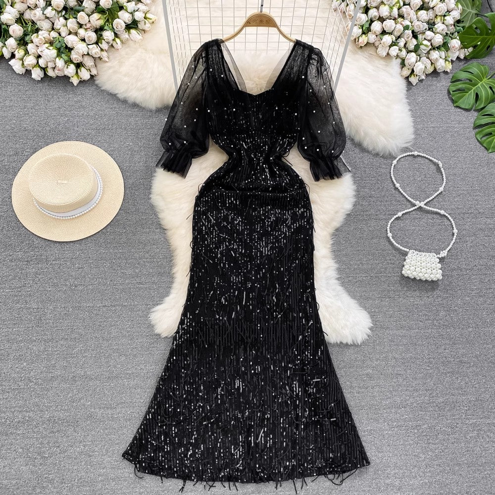 evening dress long dress puff sleeves square neck shiny dress S4278