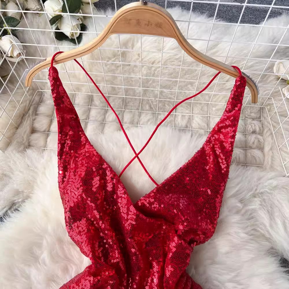 Glittery V-neck Suspender Dress Fashionable Lady Dress S4668