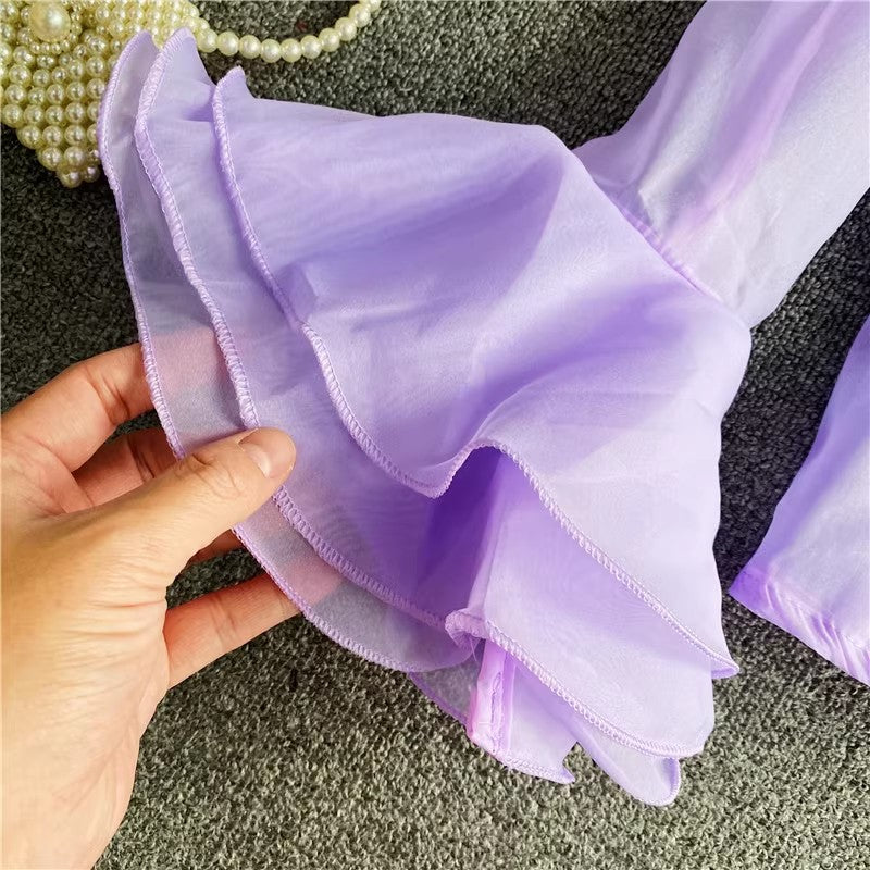 new style layered ruffled organza shirt for women see-through top with bell sleeves S4234