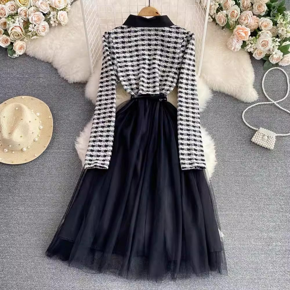 plaid knitted a-line mesh dress S3899