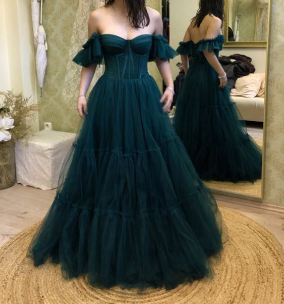 green prom dress off the shoulders tulle Party Dress S3680