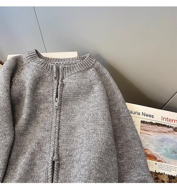 Solid Color Zipper Sweater Jacket Women's New Short Knitted Cardigan S4858