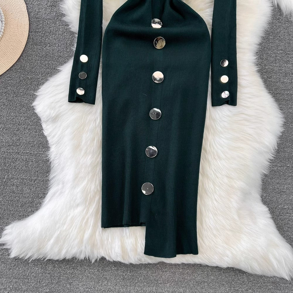 long-sleeved round neck mid-length irregular knitted dress S4335