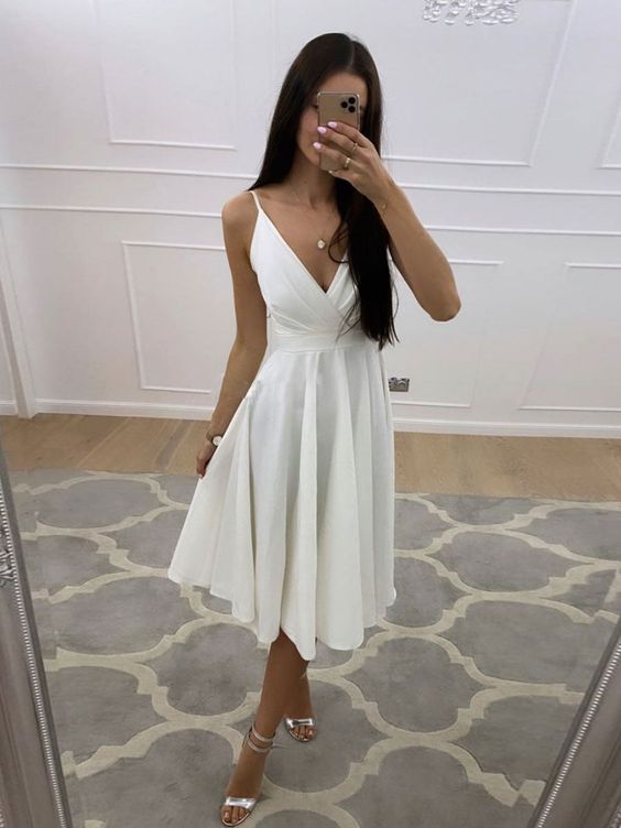 Simple white v neck short prom dress, white homecoming dress S3517