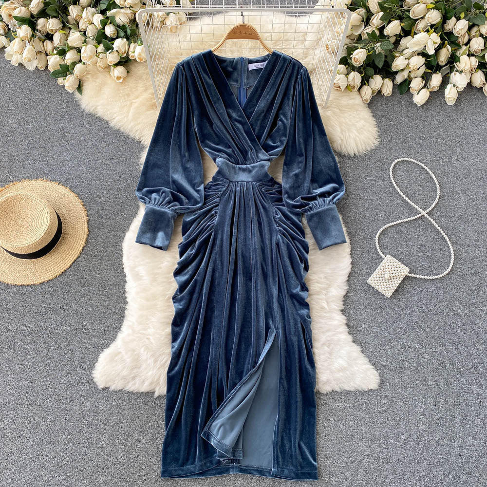 Blue V-neck Velvet Dress, Long Sleeve Fashion Dress S4411