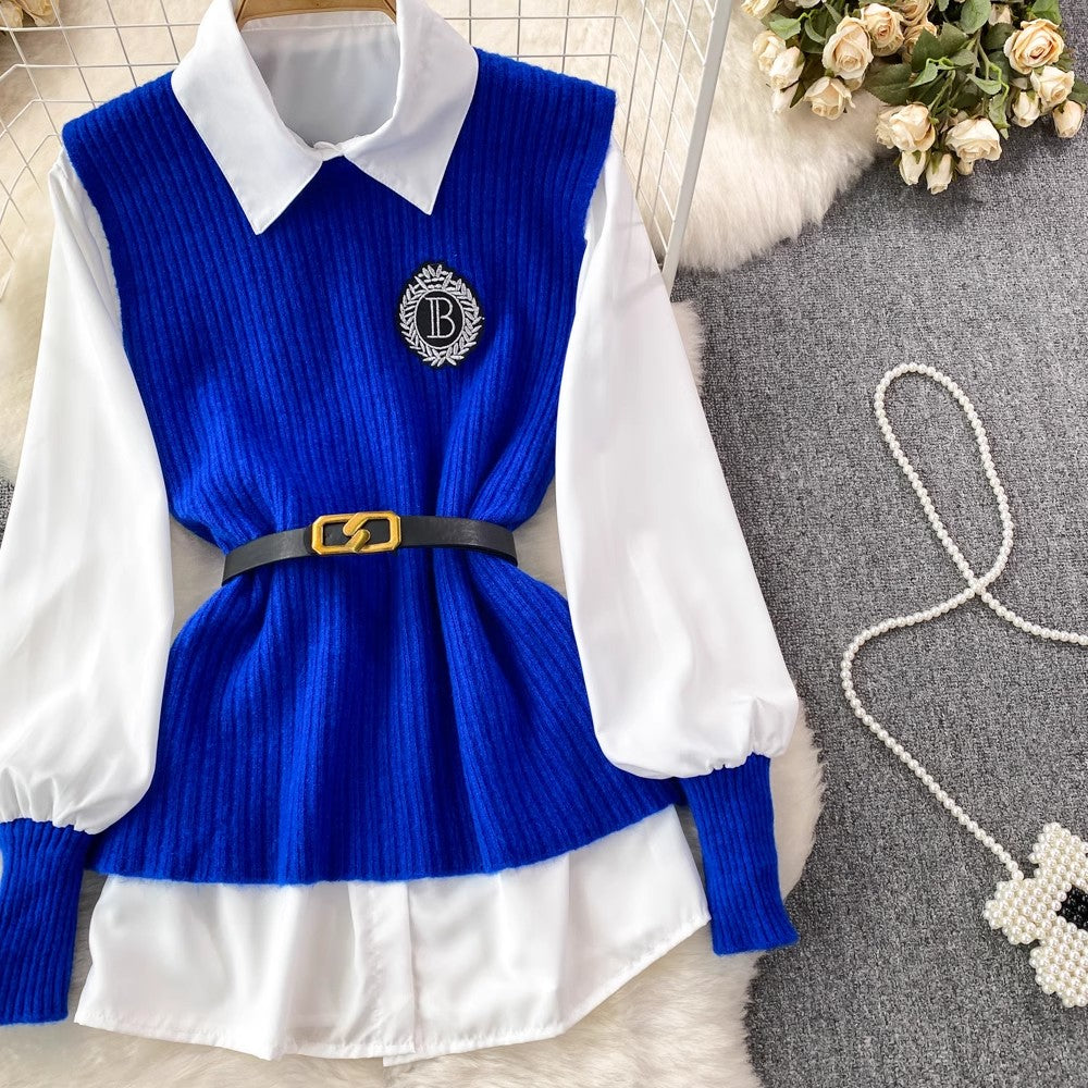 lantern long-sleeved mid-length shirt knitted vest two-piece suit for women S3999