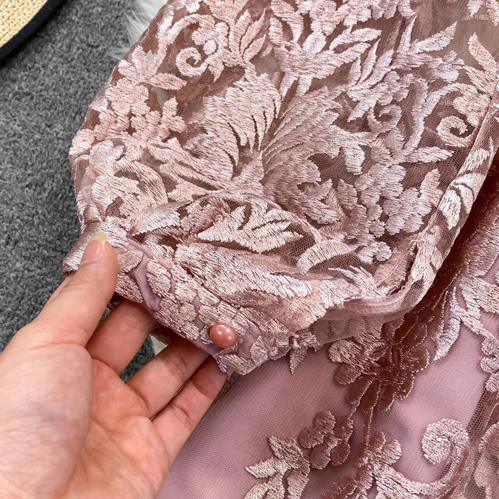 lantern long sleeves lace A-line long skirt embroidery dress S4181