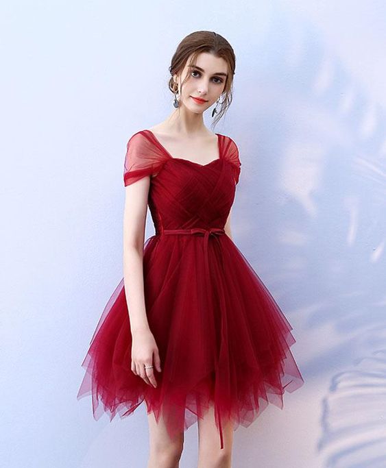 Cute burgundy tulle short prom dress, formal dresses, homecoming dress S2933