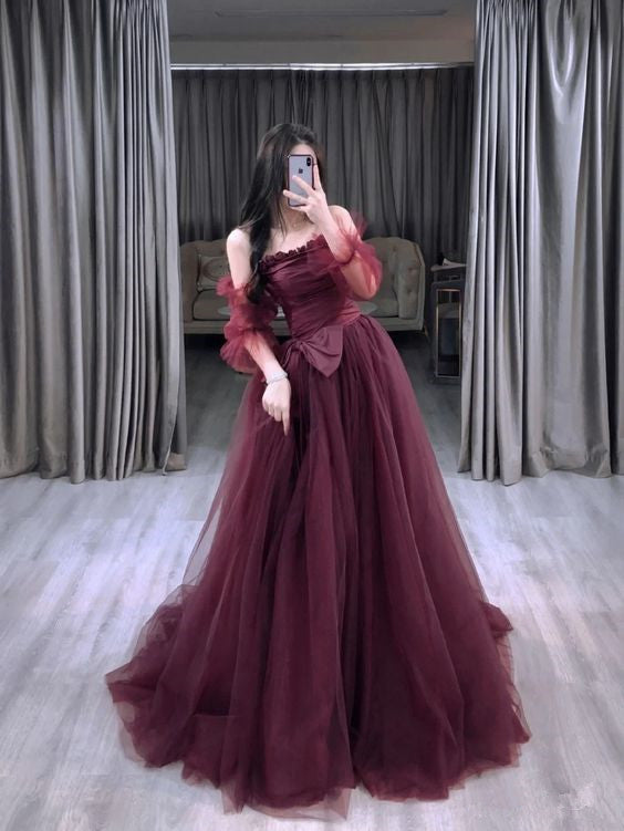 Burgundy Tulle Long Sleeve Prom Dress, A-Line Off the Shoulder Evening Dress S3874