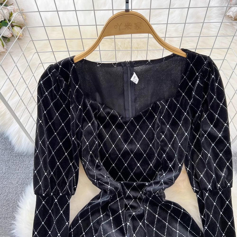 Fashionable lantern sleeve V-neck mid-length slit velvet dress S3975